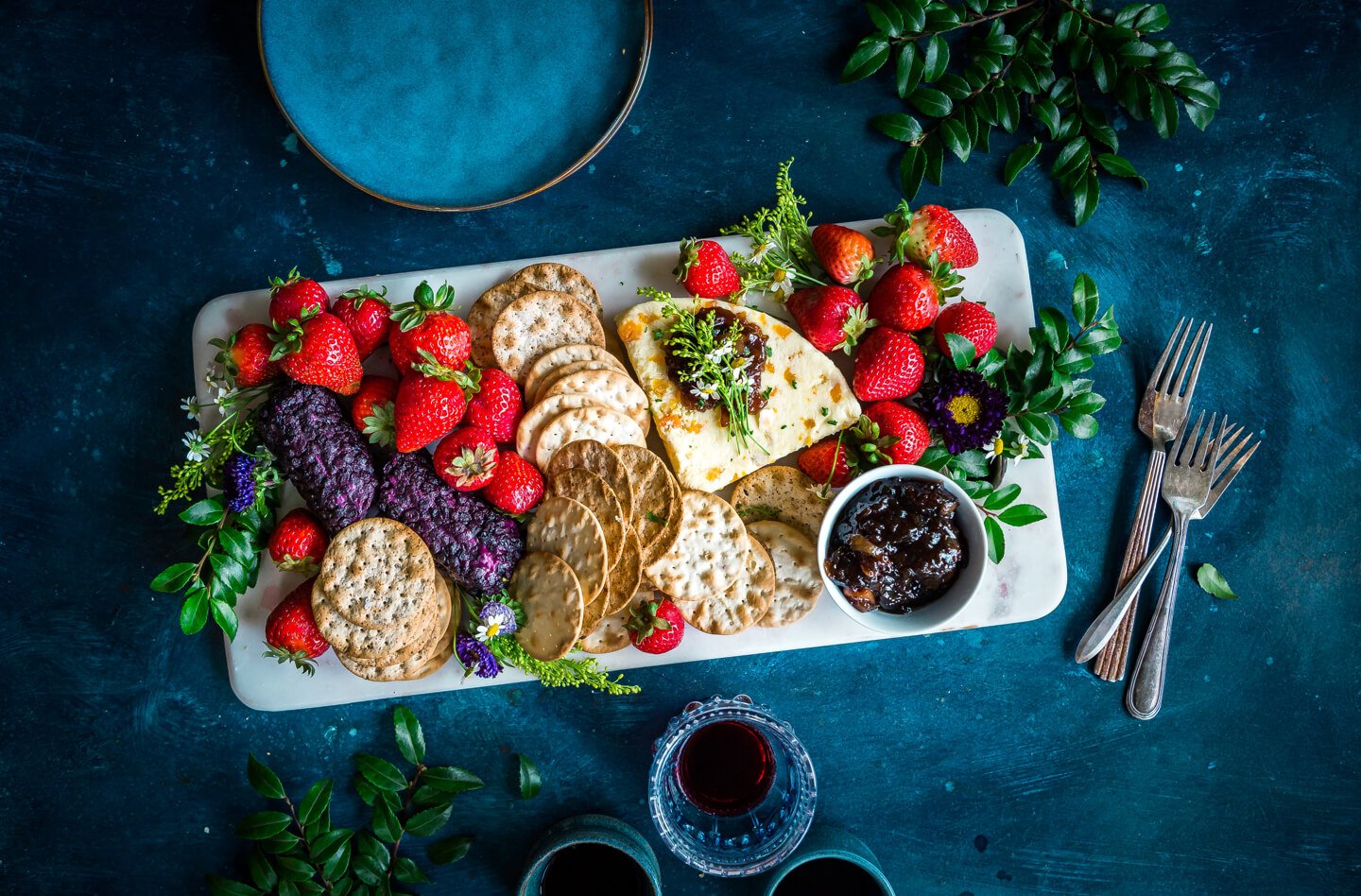 Summer Cheese Platter with Berries, Crackers and Wine